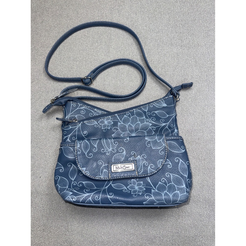MultiSac Zippy Floral Print Crossbody Bag Blue Vegan Leather Organizer Purse